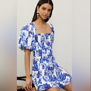 NWT House Of Harlow 1960 Blue Floral Puff Sleeve Dress Size 6 Linen Wedgewood